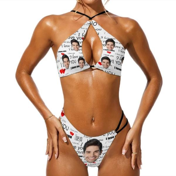 Custom Couple Matching Swimwear Custom Face I Love You Open Chest Bikini Women's Adjustable Halter Neck Straps Bikini Set & Men's Swim Shorts - YesCustom