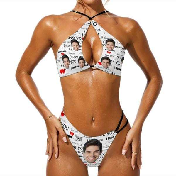 Custom Couple Matching Swimwear Custom Face I Love You Open Chest Bikini Women's Adjustable Halter Neck Straps Bikini Set & Men's Swim Shorts - YesCustom