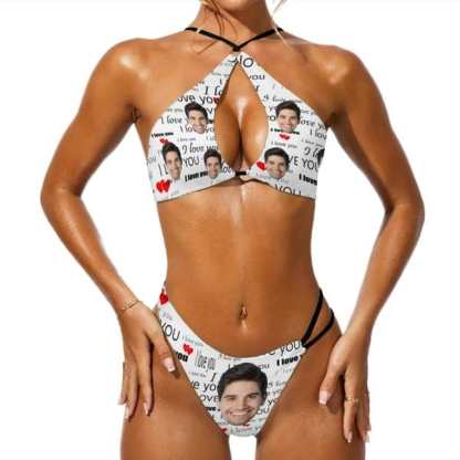 Custom Couple Matching Swimwear Custom Face I Love You Open Chest Bikini Women's Adjustable Halter Neck Straps Bikini Set & Men's Swim Shorts - YesCustom