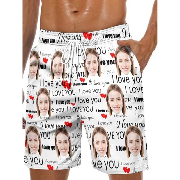 Custom Couple Matching Swimwear Custom Face I Love You Open Chest Bikini Women's Adjustable Halter Neck Straps Bikini Set & Men's Swim Shorts - YesCustom