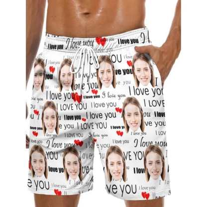 Custom Couple Matching Swimwear Custom Face I Love You Open Chest Bikini Women's Adjustable Halter Neck Straps Bikini Set & Men's Swim Shorts - YesCustom