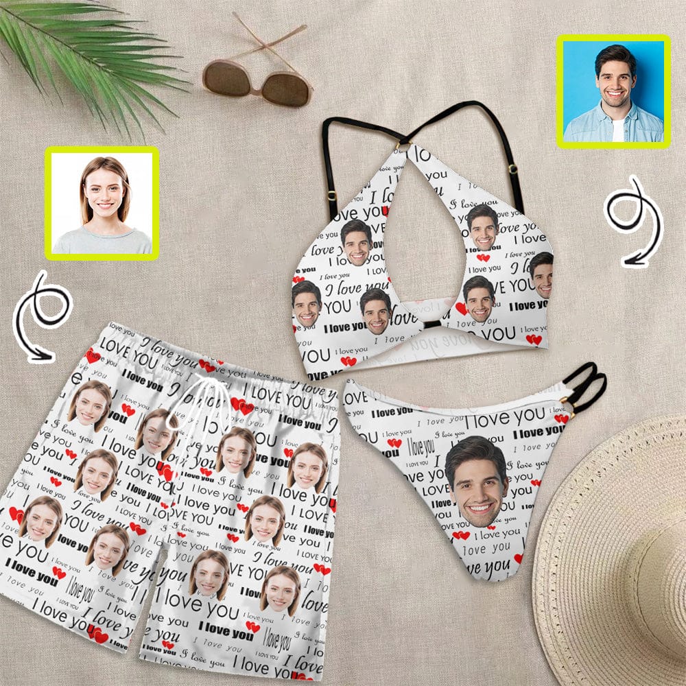 Custom Couple Matching Swimwear Custom Face I Love You Open Chest Bikini Women's Adjustable Halter Neck Straps Bikini Set & Men's Swim Shorts - YesCustom