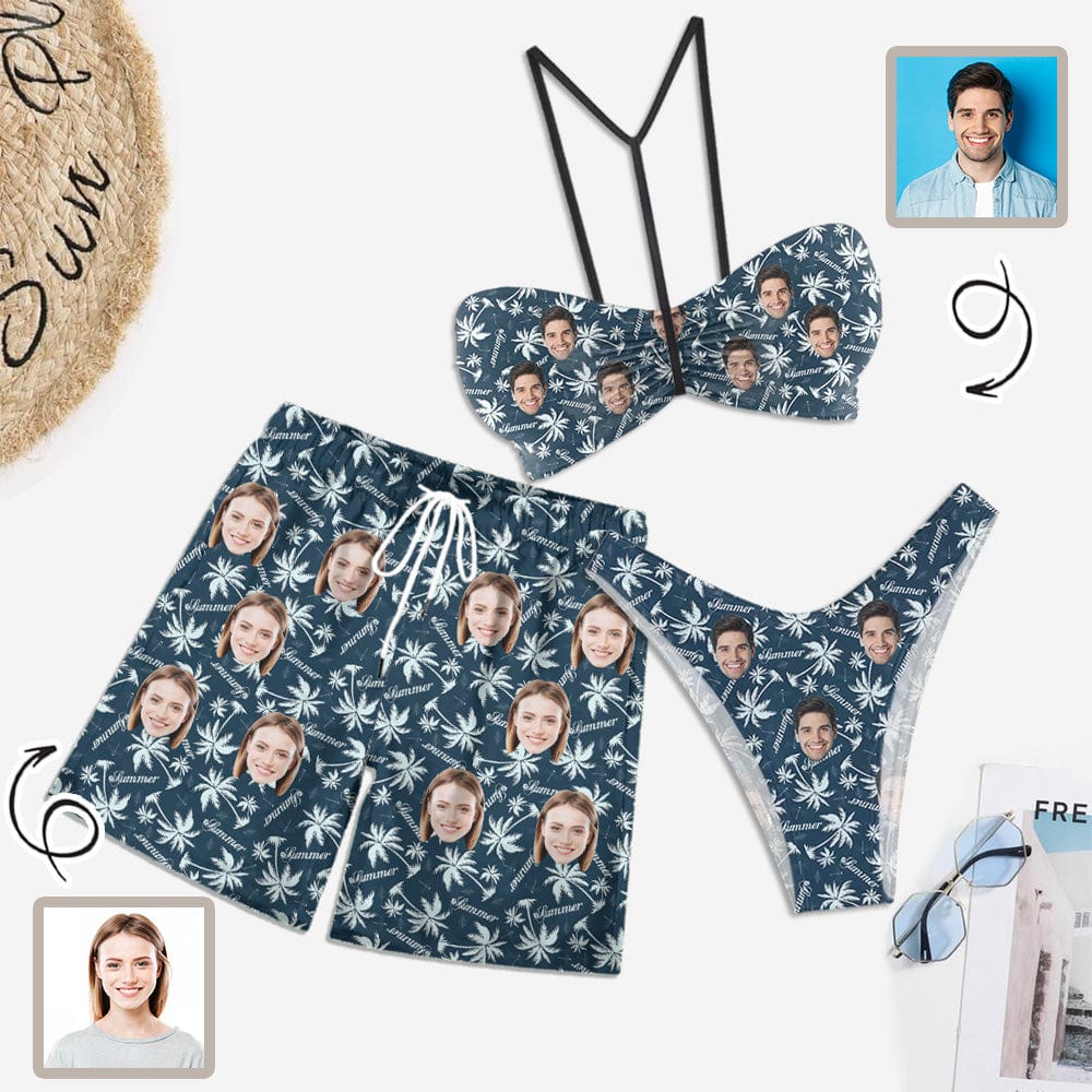 Custom Couple Matching Swimwear Custom Face Palm Tree Women's Adjustable Halter Neck Straps Bikini Set & Men's Swim Shorts - YesCustom