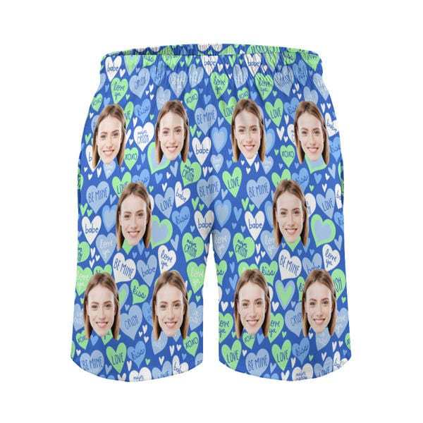 Custom Couple Matching Swimwear Custom Face Pink And Blue Love Heart Women's Adjustable Halter Neck Straps Bikini Set & Men's Swim Shorts - YesCustom