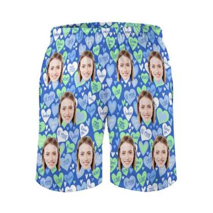 Custom Couple Matching Swimwear Custom Face Pink And Blue Love Heart Women's Adjustable Halter Neck Straps Bikini Set & Men's Swim Shorts - YesCustom