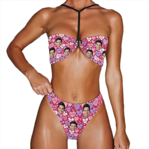 Custom Couple Matching Swimwear Custom Face Pink And Blue Love Heart Women's Adjustable Halter Neck Straps Bikini Set & Men's Swim Shorts - YesCustom