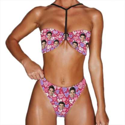 Custom Couple Matching Swimwear Custom Face Pink And Blue Love Heart Women's Adjustable Halter Neck Straps Bikini Set & Men's Swim Shorts - YesCustom
