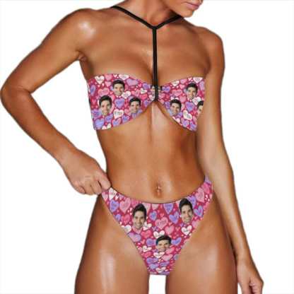 Custom Couple Matching Swimwear Custom Face Pink And Blue Love Heart Women's Adjustable Halter Neck Straps Bikini Set & Men's Swim Shorts - YesCustom