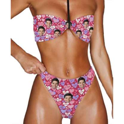 Custom Couple Matching Swimwear Custom Face Pink And Blue Love Heart Women's Adjustable Halter Neck Straps Bikini Set & Men's Swim Shorts - YesCustom