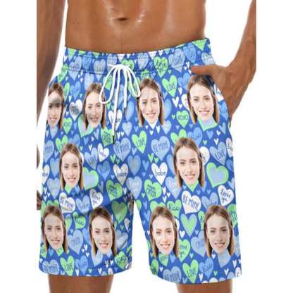 Custom Couple Matching Swimwear Custom Face Pink And Blue Love Heart Women's Adjustable Halter Neck Straps Bikini Set & Men's Swim Shorts - YesCustom