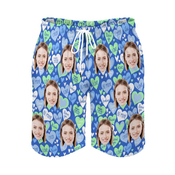 Custom Couple Matching Swimwear Custom Face Pink And Blue Love Heart Women's Adjustable Halter Neck Straps Bikini Set & Men's Swim Shorts - YesCustom