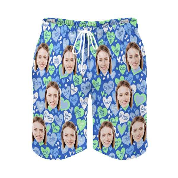 Custom Couple Matching Swimwear Custom Face Pink And Blue Love Heart Women's Adjustable Halter Neck Straps Bikini Set & Men's Swim Shorts - YesCustom
