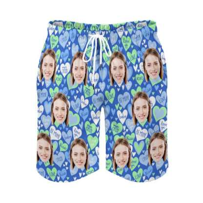 Custom Couple Matching Swimwear Custom Face Pink And Blue Love Heart Women's Adjustable Halter Neck Straps Bikini Set & Men's Swim Shorts - YesCustom