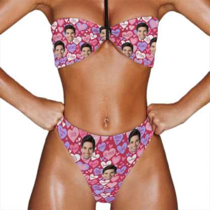 Custom Couple Matching Swimwear Custom Face Pink And Blue Love Heart Women's Adjustable Halter Neck Straps Bikini Set & Men's Swim Shorts - YesCustom