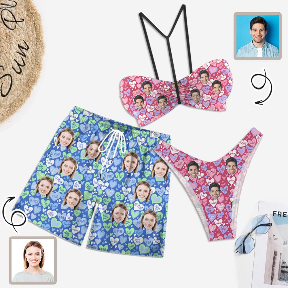 Custom Couple Matching Swimwear Custom Face Pink And Blue Love Heart Women's Adjustable Halter Neck Straps Bikini Set & Men's Swim Shorts - YesCustom
