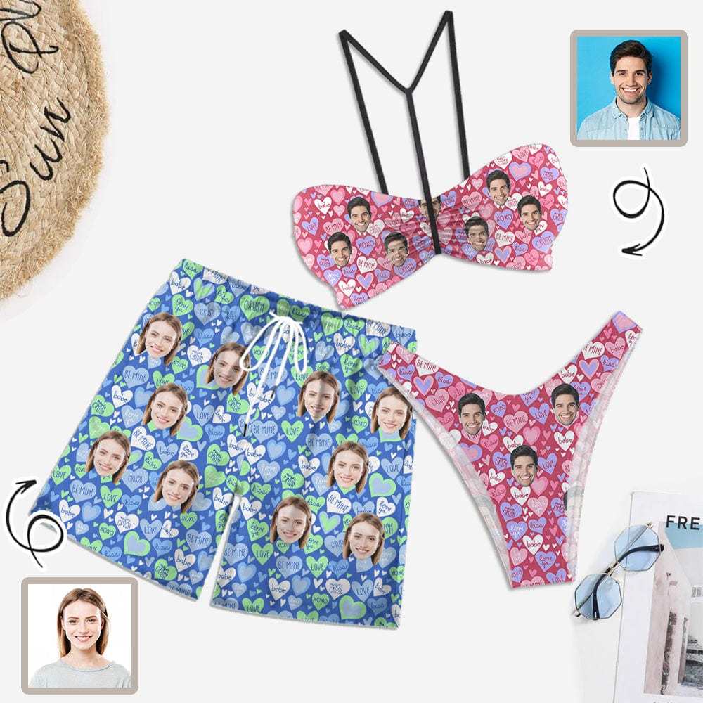 Custom Couple Matching Swimwear Custom Face Pink And Blue Love Heart Women's Adjustable Halter Neck Straps Bikini Set & Men's Swim Shorts - YesCustom