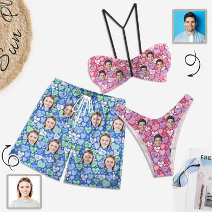 Custom Couple Matching Swimwear Custom Face Pink And Blue Love Heart Women's Adjustable Halter Neck Straps Bikini Set & Men's Swim Shorts - YesCustom