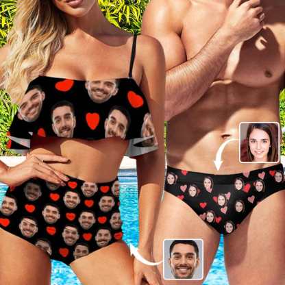Custom #Couple Matching Swimwear Custom Face Red Heart Ruffle Bikini Swim Trunks Personalized Men's Triangle Swim Briefs Bathing Suit for Holiday - YesCustom