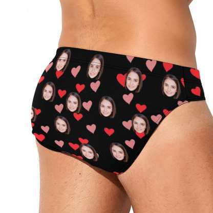 Custom #Couple Matching Swimwear Custom Face Red Heart Ruffle Bikini Swim Trunks Personalized Men's Triangle Swim Briefs Bathing Suit for Holiday - YesCustom