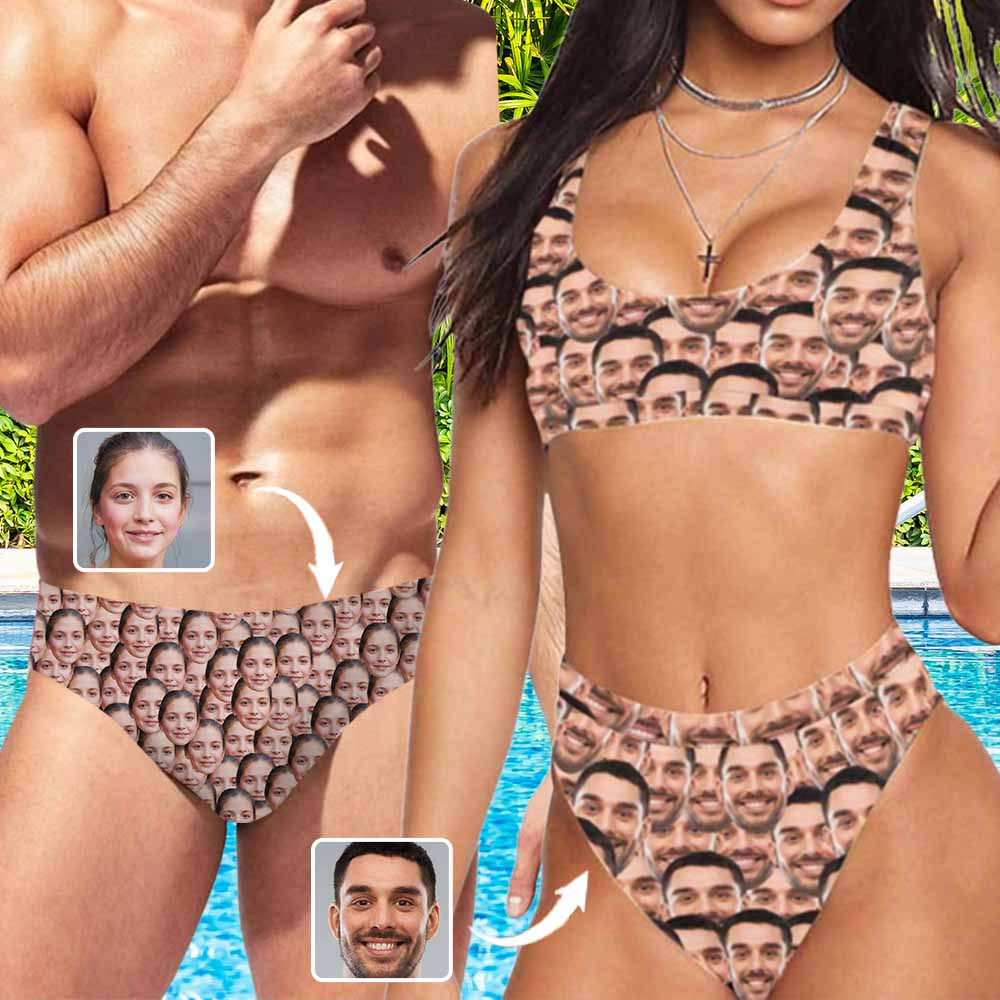 Custom #Couple Matching Swimwear Custom Face Seamless Bikini Set Triangle Swim Briefs Personalized Swim Shorts Bathingsuit - YesCustom