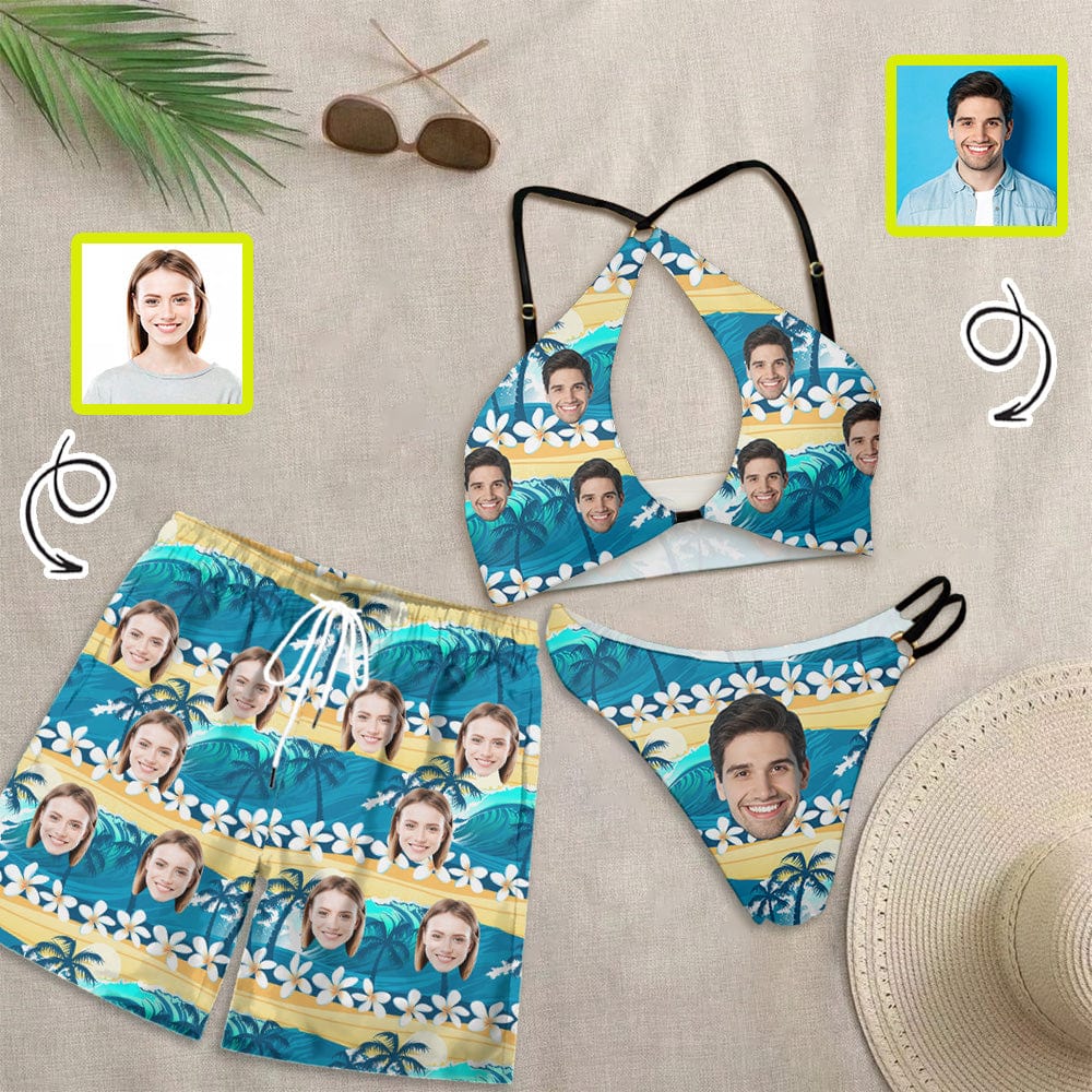 Custom Couple Matching Swimwear Custom Face Tropical Print Open Chest Bikini Women's Adjustable Halter Neck Straps Bikini Set & Men's Swim Shorts - YesCustom