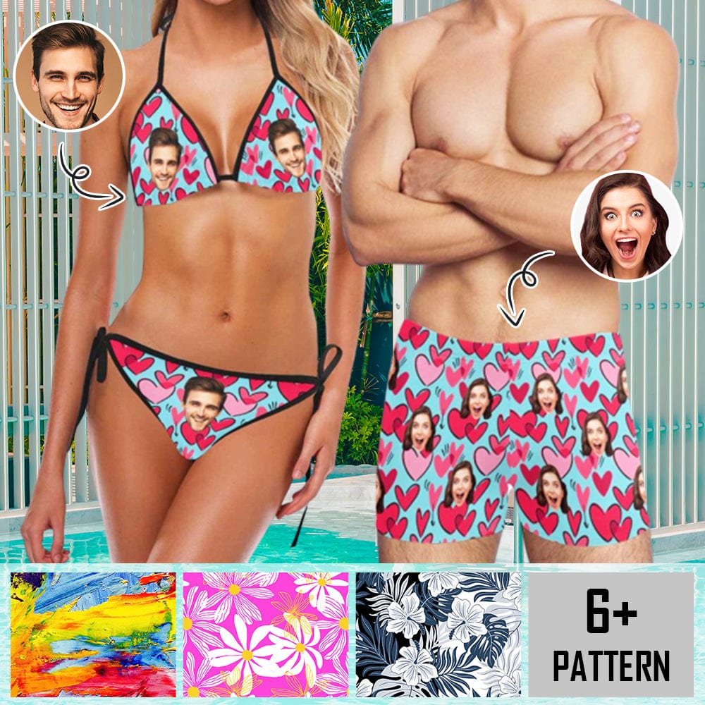 Custom #Couple Matching Swimwear Custom Face Various Flower Pattern String Halter Low Waisted Triangle Two Piece Bikini Set Personalized Men's Stretch Quick Dry Swim Boxer Briefs - YesCustom