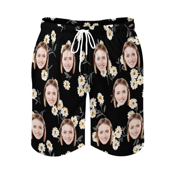 Custom Couple Matching Swimwear Custom Face White Flower Black Women's Adjustable Halter Neck Straps Bikini Set & Men's Swim Shorts - YesCustom