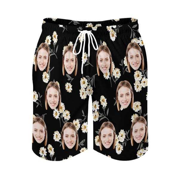 Custom Couple Matching Swimwear Custom Face White Flower Black Women's Adjustable Halter Neck Straps Bikini Set & Men's Swim Shorts - YesCustom