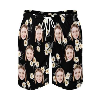 Custom Couple Matching Swimwear Custom Face White Flower Black Women's Adjustable Halter Neck Straps Bikini Set & Men's Swim Shorts - YesCustom
