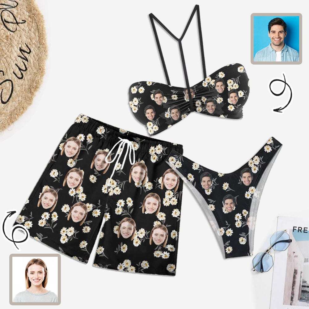 Custom Couple Matching Swimwear Custom Face White Flower Black Women's Adjustable Halter Neck Straps Bikini Set & Men's Swim Shorts - YesCustom