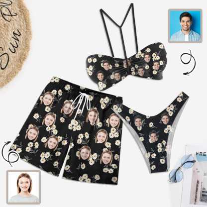 Custom Couple Matching Swimwear Custom Face White Flower Black Women's Adjustable Halter Neck Straps Bikini Set & Men's Swim Shorts - YesCustom