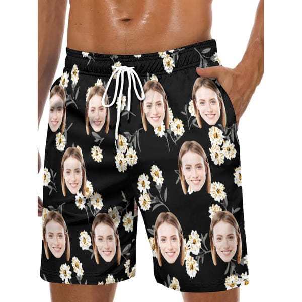 Custom Couple Matching Swimwear Custom Face White Flower Black Women's Adjustable Halter Neck Straps Bikini Set & Men's Swim Shorts - YesCustom