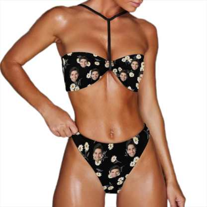 Custom Couple Matching Swimwear Custom Face White Flower Black Women's Adjustable Halter Neck Straps Bikini Set & Men's Swim Shorts - YesCustom