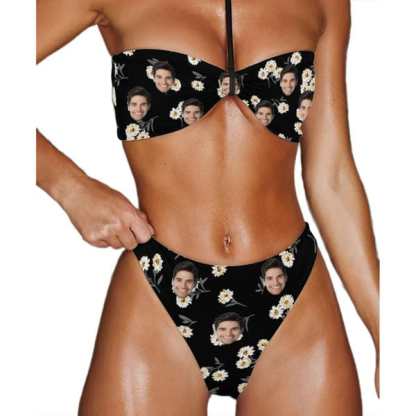 Custom Couple Matching Swimwear Custom Face White Flower Black Women's Adjustable Halter Neck Straps Bikini Set & Men's Swim Shorts - YesCustom