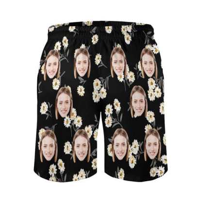 Custom Couple Matching Swimwear Custom Face White Flower Black Women's Adjustable Halter Neck Straps Bikini Set & Men's Swim Shorts - YesCustom