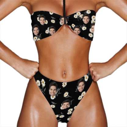 Custom Couple Matching Swimwear Custom Face White Flower Black Women's Adjustable Halter Neck Straps Bikini Set & Men's Swim Shorts - YesCustom