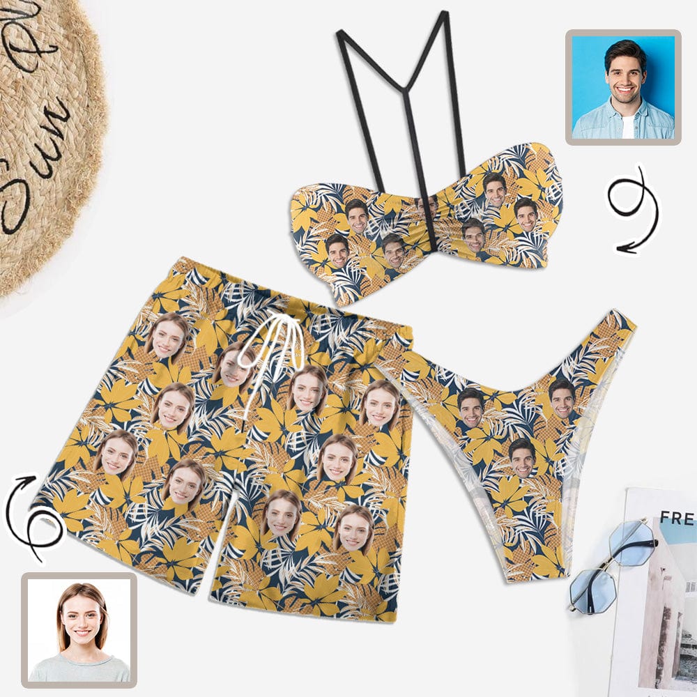 Custom Couple Matching Swimwear Custom Face Yellow Maple Leaves Women's Adjustable Halter Neck Straps Bikini Set & Men's Swim Shorts - YesCustom