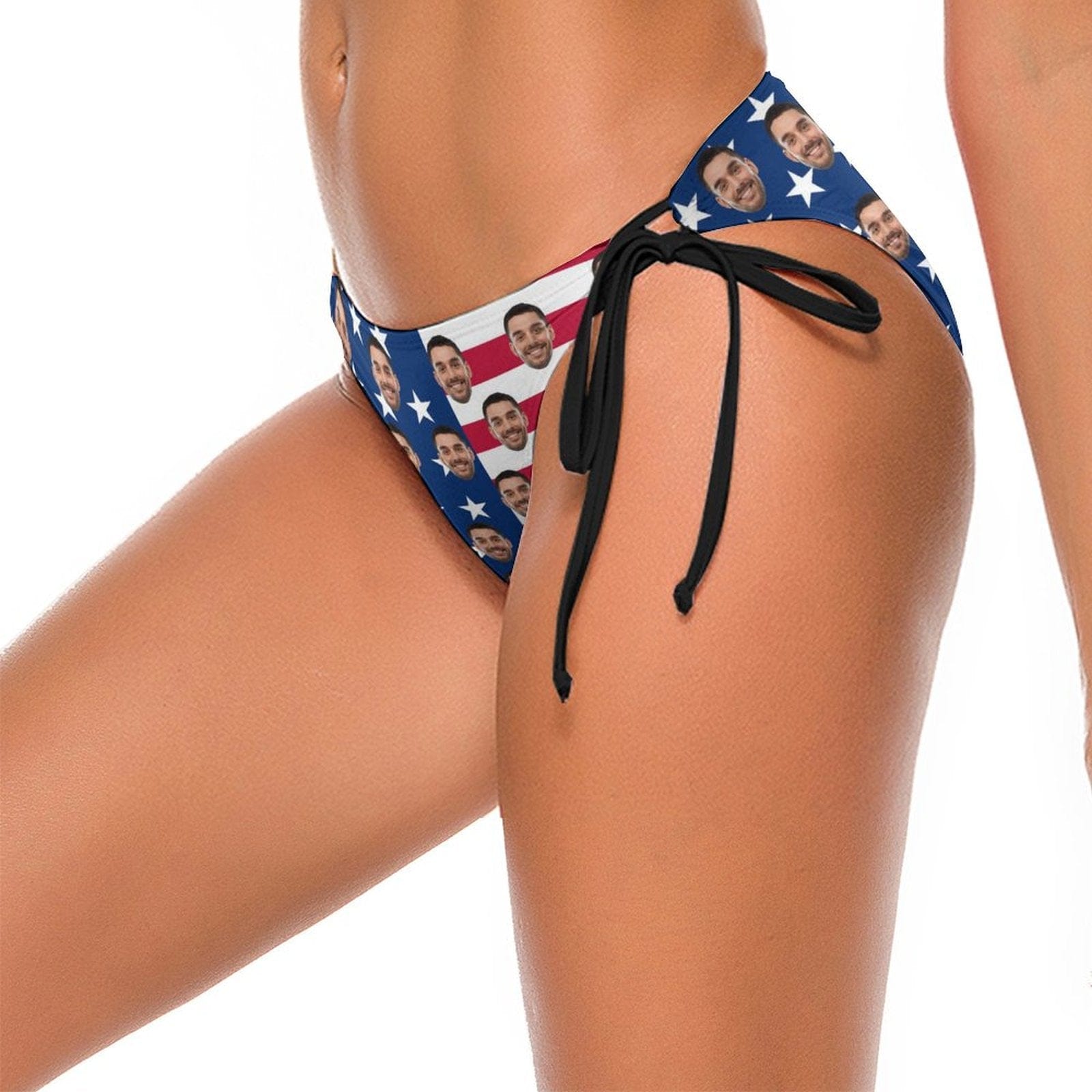 Custom #Couple Matching Swimwear Personalized USA Flag Triangle Swim Briefs Custom Face Side Tie Bikini Swimsuit Bottom America Flag Style Men's Swim Shorts - YesCustom