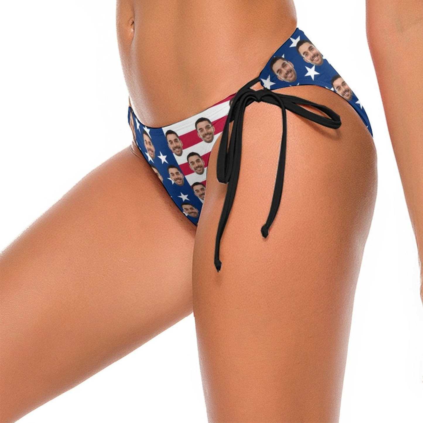 Custom #Couple Matching Swimwear Personalized USA Flag Triangle Swim Briefs Custom Face Side Tie Bikini Swimsuit Bottom America Flag Style Men's Swim Shorts - YesCustom