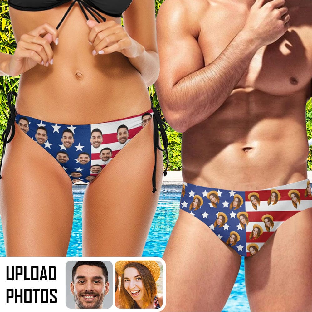 Custom #Couple Matching Swimwear Personalized USA Flag Triangle Swim Briefs Custom Face Side Tie Bikini Swimsuit Bottom America Flag Style Men's Swim Shorts - YesCustom