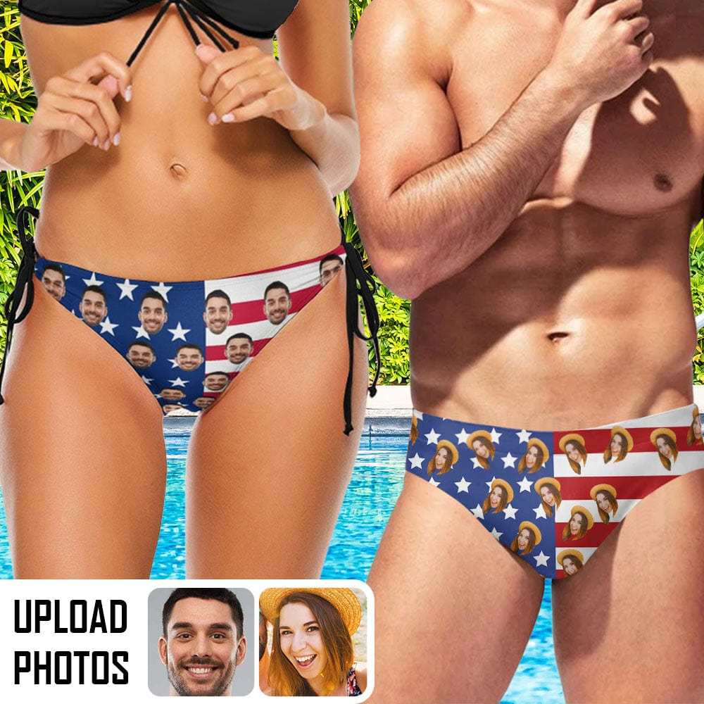 Custom #Couple Matching Swimwear Personalized USA Flag Triangle Swim Briefs Custom Face Side Tie Bikini Swimsuit Bottom America Flag Style Men's Swim Shorts - YesCustom