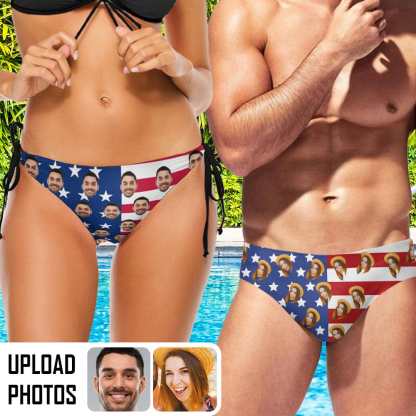 Custom #Couple Matching Swimwear Personalized USA Flag Triangle Swim Briefs Custom Face Side Tie Bikini Swimsuit Bottom America Flag Style Men's Swim Shorts - YesCustom