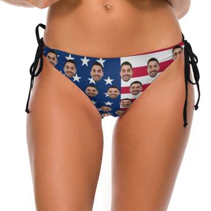 Custom #Couple Matching Swimwear Personalized USA Flag Triangle Swim Briefs Custom Face Side Tie Bikini Swimsuit Bottom America Flag Style Men's Swim Shorts - YesCustom