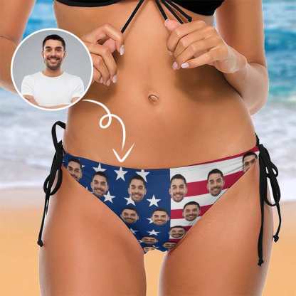 Custom #Couple Matching Swimwear Personalized USA Flag Triangle Swim Briefs Custom Face Side Tie Bikini Swimsuit Bottom America Flag Style Men's Swim Shorts - YesCustom