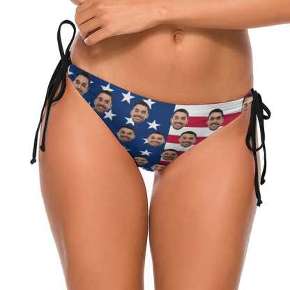 Custom #Couple Matching Swimwear Personalized USA Flag Triangle Swim Briefs Custom Face Side Tie Bikini Swimsuit Bottom America Flag Style Men's Swim Shorts - YesCustom