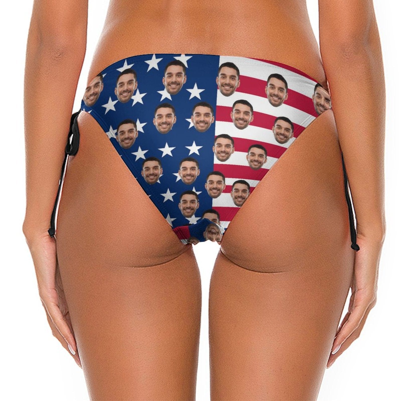 Custom #Couple Matching Swimwear Personalized USA Flag Triangle Swim Briefs Custom Face Side Tie Bikini Swimsuit Bottom America Flag Style Men's Swim Shorts - YesCustom