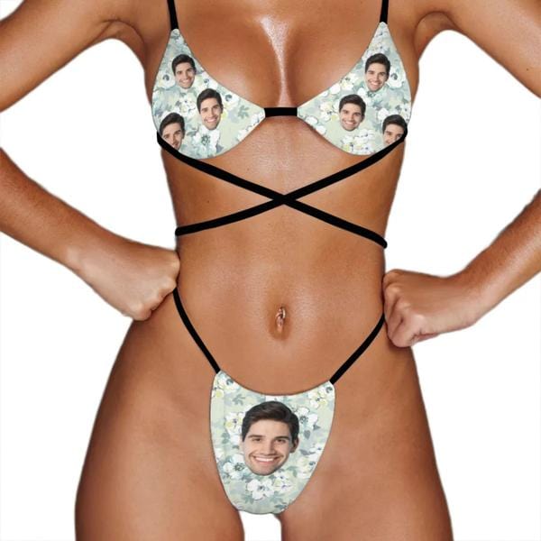 Custom Couple Matching White Floral Light Green Swimwear Custom Face Women's Two-Pieces Triangle Bikini Set & Men's Swim Shorts - YesCustom