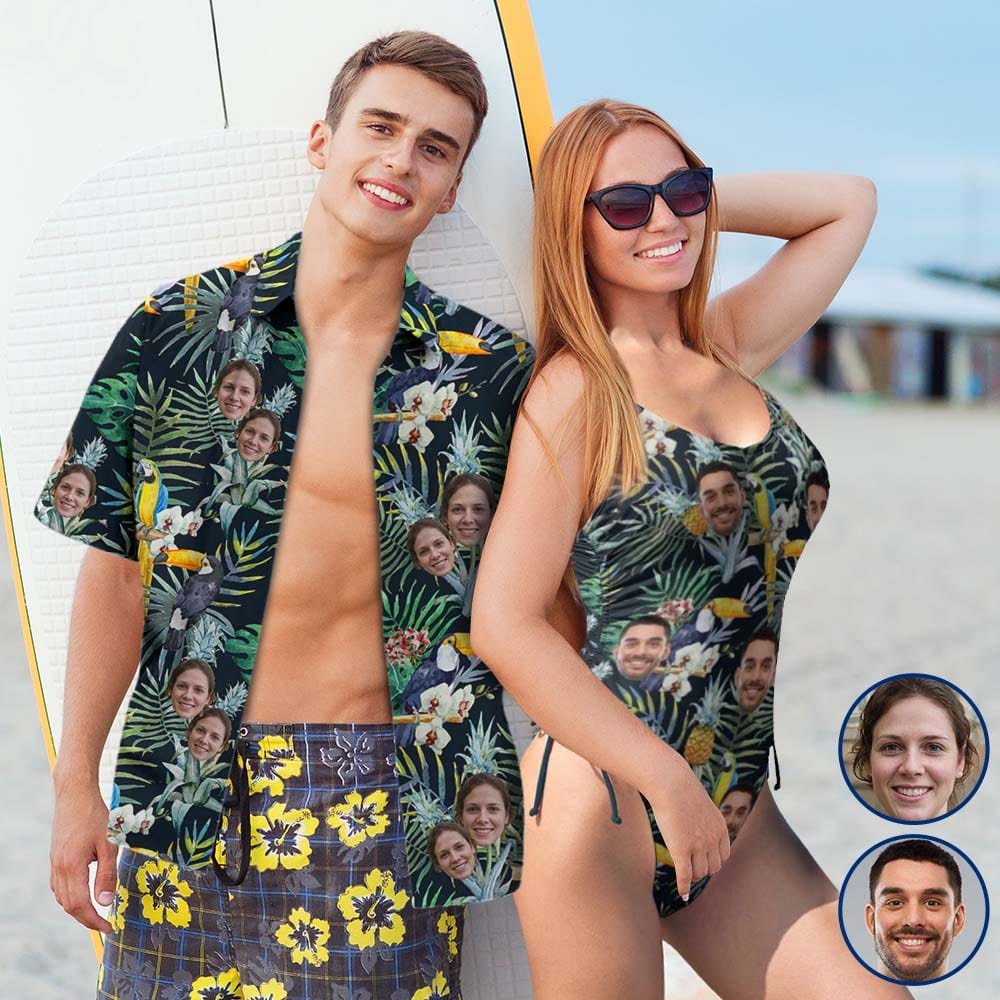 Custom Couple Mathching Swimsuit&Hawaiian Shirt Custom Face Personalized Drawstring Side One-Piece Swimsuit&Hawaiian Shirt - YesCustom