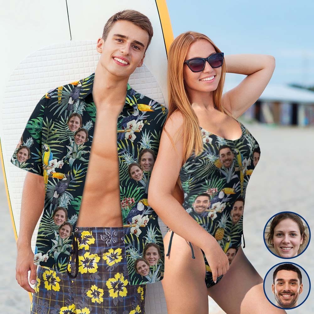 Custom Couple Mathching Swimsuit&Hawaiian Shirt Custom Face Personalized Drawstring Side One-Piece Swimsuit&Hawaiian Shirt - YesCustom