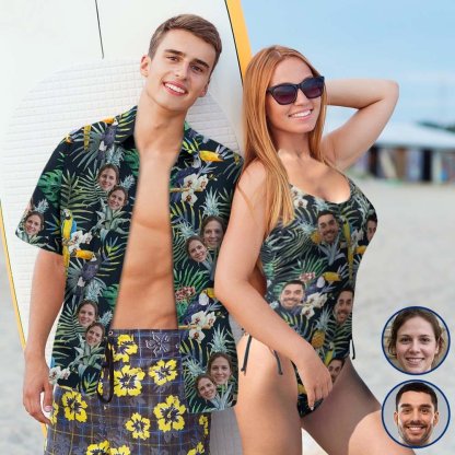 Custom Couple Mathching Swimsuit&Hawaiian Shirt Custom Face Personalized Drawstring Side One-Piece Swimsuit&Hawaiian Shirt - YesCustom